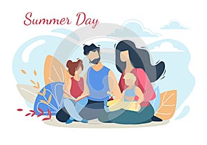 Happy Loving Family on Picnic at Summer Day Nature