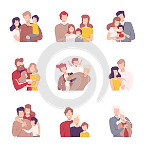 Happy Loving Family. Smiling Parents and Their Kids Embracing Each Other Vector Illustrations Set