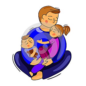 Happy loving father with children vector cartoon illustration isolated on white.Good parenting and upbringing.