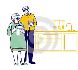 Happy Loving Senior Couple Stand on Kitchen Man Holding Glass and Woman with Potter for Filtering Water in Hands