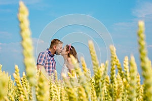 Happy loving young adult couple spending time on the field on sunny day.