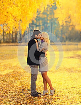 Happy loving young couple kissing and hugging in autumn park with yellow leaves on warm sunny day