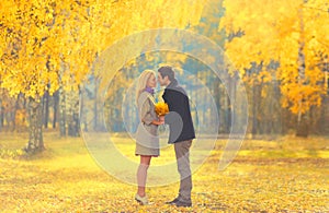 Happy loving young couple kissing and hugging in autumn park with yellow maple leaves on warm sunny day