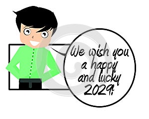 Happy and lucky 2029, new year, boy, english, isolated.