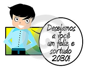 Happy and lucky 2030, new year, boy, portuguese, isolated.