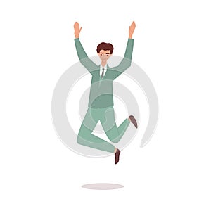 Happy lucky businessman in suit jumping, cartoon vector illustration isolated.