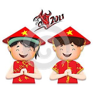 Happy lunar new year 2021 greeting card with cute boy, girl happy smile so funny. Kids hand in hand cartoon character. Year of the