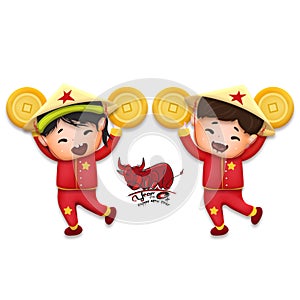 Happy lunar new year 2021 greeting card with cute boy, girl happy smile so funny. Kids hold gold coin cartoon character. Year of