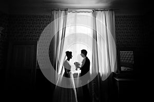 Happy luxury bride and groom standing at window light in rich room, black and white photo