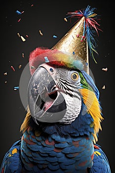 happy macaw parrot in party hat and birthday confetti.