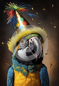 happy macaw parrot in party hat and birthday confetti.