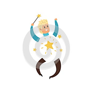 Happy magician with invisible body. Young man with magic wand in hand. Bright-shining stars. Flat vector design