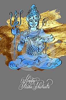 Happy Maha Shivratri black line art greeting card on gold brush