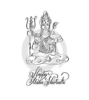 Happy Maha Shivratri black and white line art greeting card