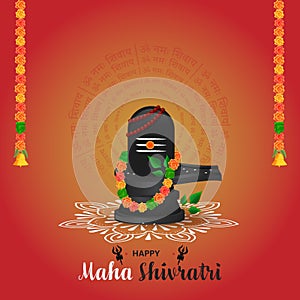 Happy Maha Shivratri Celebration Concept with Worship Lord Shiva Lingam Offering By Marigold Garland, Bael Leaves, Rudraksha