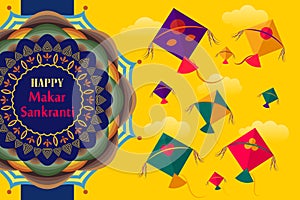 Happy Makar Sankranti, Colorful flying kites for Makar Sankranti festival Banner Poster Vector Illustration Sky Mandala Background
