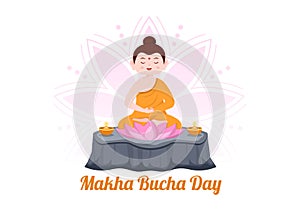 Happy Makha Bucha Day Template Hand Drawn Cartoon Flat Illustration Buddha Sitting in Lotus Flower under Bodhi Tree at Night