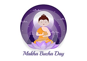 Happy Makha Bucha Day Template Hand Drawn Cartoon Flat Illustration Buddha Sitting in Lotus Flower under Bodhi Tree at Night