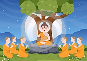 Happy Makha Bucha Day Template Hand Drawn Cartoon Flat Illustration Buddha Sitting in Lotus Flower under Bodhi Tree at Night