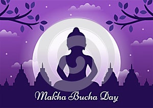 Happy Makha Bucha Day Template Hand Drawn Cartoon Flat Illustration Buddha Sitting in Lotus Flower under Bodhi Tree at Night