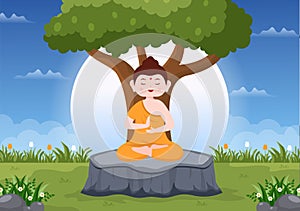 Happy Makha Bucha Day Template Hand Drawn Cartoon Flat Illustration Buddha Sitting in Lotus Flower under Bodhi Tree at Night