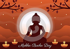 Happy Makha Bucha Day Template Hand Drawn Cartoon Flat Illustration Buddha Sitting in Lotus Flower under Bodhi Tree at Night