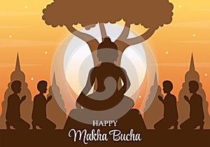 Happy Makha Bucha Day Template Hand Drawn Cartoon Flat Illustration Buddha Sitting in Lotus Flower under Bodhi Tree at Night