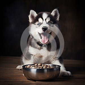 A happy Malamute dog puppy eagerly eating its kibble from a bowl by AI generated