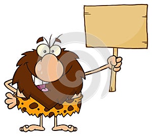 Happy Male Caveman Cartoon Mascot Character Holding A Wooden Board