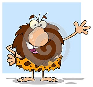 Happy Male Caveman Cartoon Mascot Character Waving For Greeting