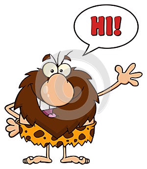 Happy Male Caveman Cartoon Mascot Character Waving And Saying Hi