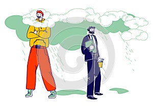 Happy Male Character in Bright Clothing Stand with Head in Clouds, Sad Businessman in Formal Wear Get Wet under Rain