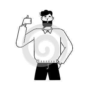Happy male character with thumb up, finger sign. Man showing thumbup hand gesture. Positive person saying like, yes
