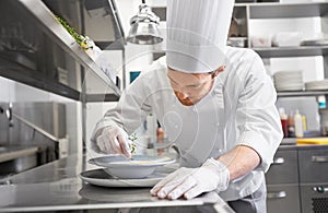 Happy male chef cooking food at restaurant kitchen