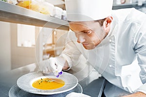 Happy male chef cooking food at restaurant kitchen