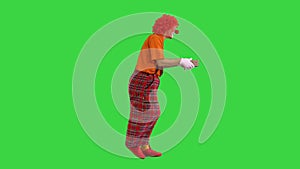 A happy male clown holding a present and walking on a Green Screen, Chroma Key.