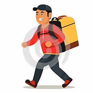 Happy male delivery person brisk walking delivering food package. Young man food courier service photo