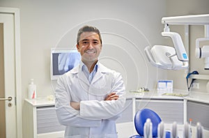 Happy male dentist at dental clinic office