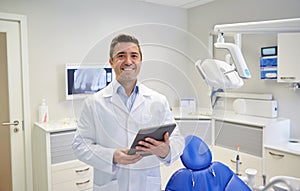 Happy male dentist with tablet pc at dental clinic