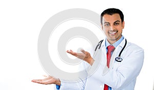 Happy male doctor showing a copy space