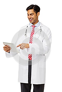 Happy Male Doctor Using Digital Tablet