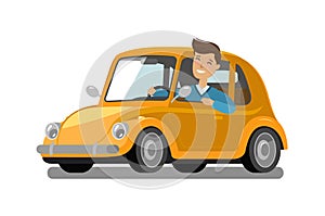 Happy male driver rides car. Driving, trip, taxi concept. Cartoon vector illustration