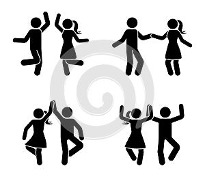 Happy male and female stick figure dancing together. Black and white party icon pictogram.