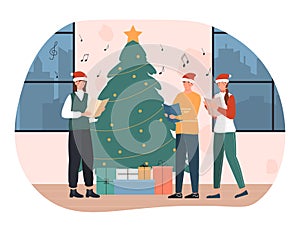 Happy male and femalecharacters in Santa hats singing christmas carols