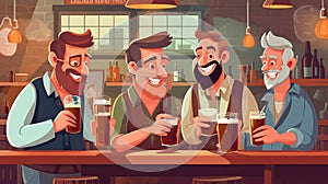 Happy male friends drinking beer at bar or pub. Generative AI