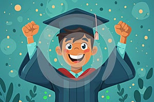 Happy male graduate student on graduation ceremony. Joyful boy in graduation cap and mantle on bright background, cartoon
