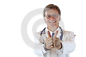 Happy male medical doctor shows both thumbs up