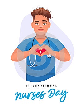 Happy male nurse in a blue medical shirt with a stethoscope folded his palms in the shape of a heart. International Nurses Day