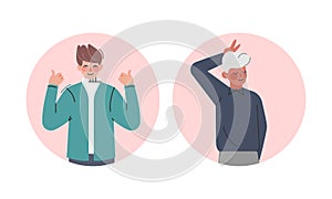 Happy Male Showing Thumb Up and V Sign as Positive Hand Gesture in Circular Frame Vector Set