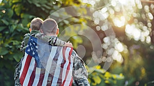 happy male soldier dad reunited with son after US army generative ai